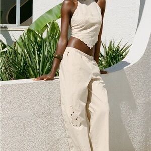 Zara Taupe Cotton Embroidered Pajama Pants